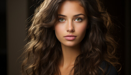 Fototapeta premium Beautiful woman with long brown hair looking at camera generated by AI
