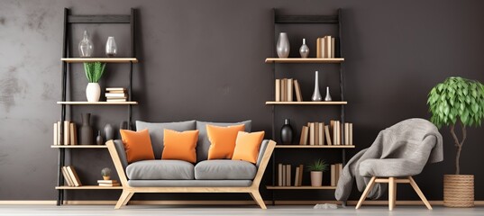 Modern scandinavian living room with sofa, chair, and bookshelf against cracked pepper color walls.