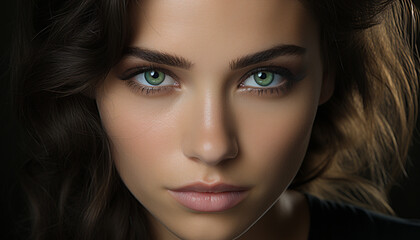 Fototapeta premium Beautiful young woman with brown hair looking at camera generated by AI