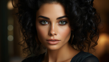 Naklejka premium Beautiful young woman with brown hair looking at camera generated by AI