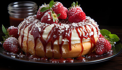 Fresh strawberry and chocolate dessert on wooden plate generated by AI