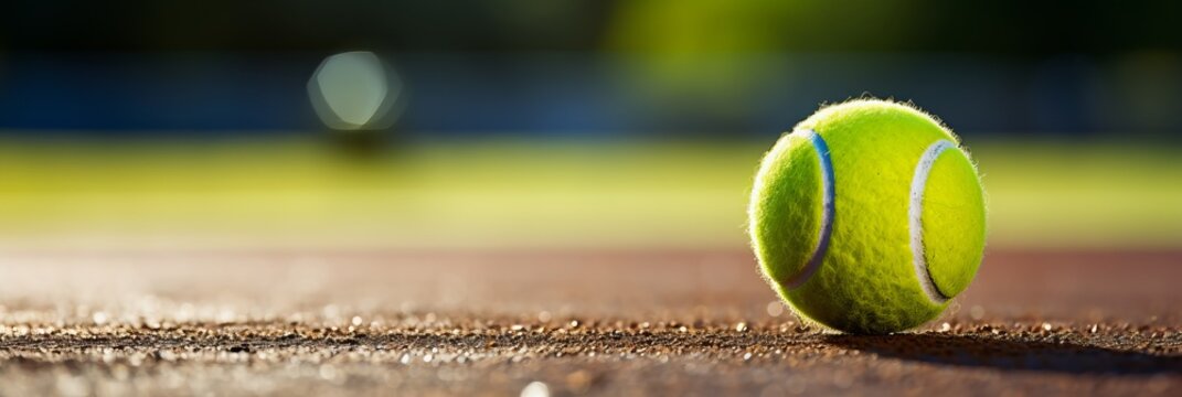 Vibrant tennis ball close up with detailed texture on court, ample space for text in banner design.
