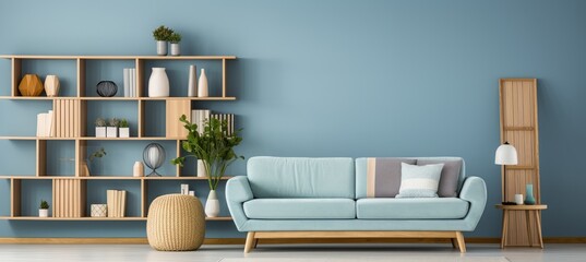 Renew blue scandinavian living room with modern furniture and bookshelf against blue wall d  cor.