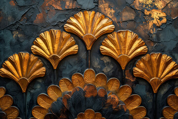 Gold painted fountain burst bas relief designs, art deco inspired interior wallpaper, carved, hand painted, surface material texture