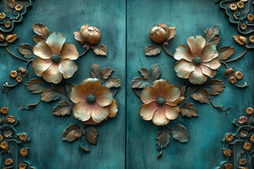 Obraz na płótnie Canvas White floral carving on teal wood doors, art deco inspired interior wallpaper, carved, hand painted, surface material texture