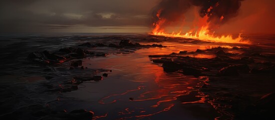Oil spill with a flame-like appearance in the background.