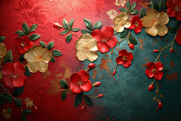 Floral carved, hand painted flowers, art deco inspired interior wallpaper, carved, hand painted, surface material texture