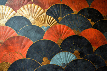 Fan field, non repeating, art deco inspired interior wallpaper, carved, hand painted, surface material texture