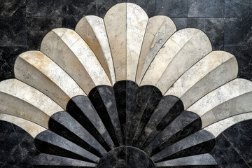 Black and white marble fan, art deco inspired interior wallpaper, carved, hand painted, surface material texture