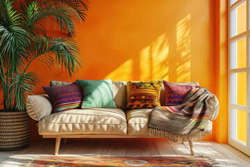 Beige sofa with multicolored cushions and large floor plant near window in mexican style next to empty yellow wall mock up with copy space