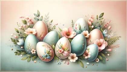 Serene Pastel Watercolor Easter Eggs Banner with Spring Floral Touch