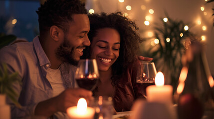 Obraz na płótnie Canvas Happy Young Couple in Love Hugging, Laughing, Drinking Wine, Enjoying Talking, Having Fun Together Celebrating Valentine's Day Dining at Home. Having a Romantic Dinner Date with Candles, Sitting at a 