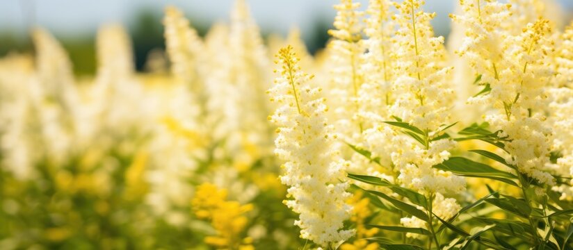 White petite flowers on tall goldenrod in summer.