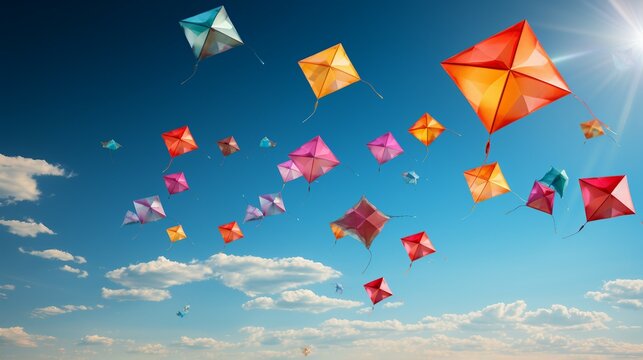 Kite flying. Colorful kites soaring in a clear blue. AI generate illustration