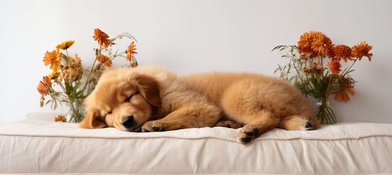 cute dog sleeping peacefully on sofa with ample space for text on left top side of image