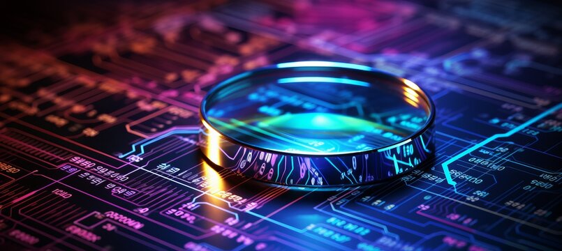 Hyperrealistic data analysis and seo concept with magnifier, charts, graphs, and neon screen