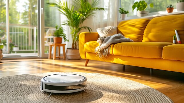 Smart home robot vacuum cleaner in modern white living room interior for automated cleaning.