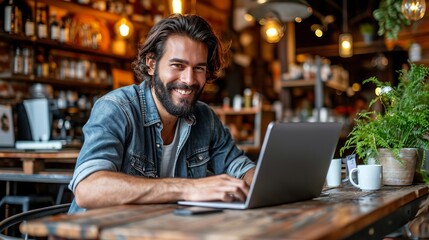 Fototapeta premium Young indian freelancer or student working on laptop in a lively and brightly lit co working space