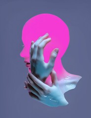 Surreal artistic hand composition. Creative artwork of human hands. Colorful paint. Dark background. Ai generated illustration.