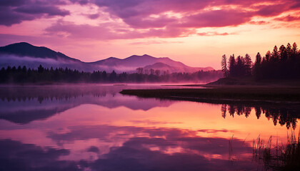 Fototapeta na wymiar Tranquil scene, sunset, mountain, reflection, forest, sunrise generated by AI