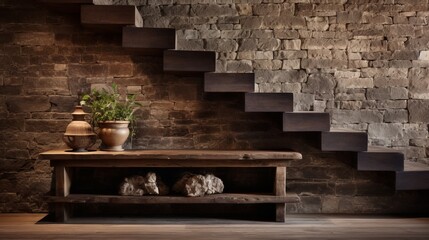 Warm and inviting rustic hallway with elegant wooden staircase and beautiful stone cladding wall