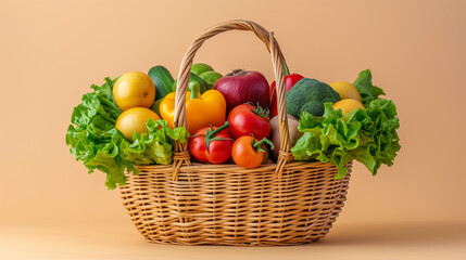 Fototapeta na wymiar Basket full of vegetables and fruits on beige background. Healthy food concept.