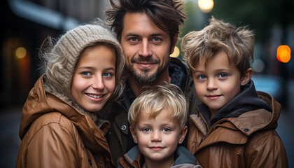 Smiling family embracing outdoors, enjoying winter together generated by AI