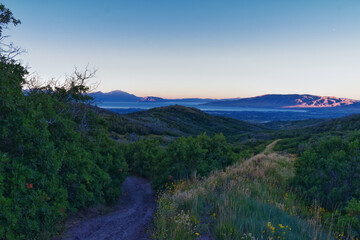 Lone Peak hiking trail view and surrounding landscape from Jacob’s Ladder, Wasatch Rocky Mountains, Utah, United States.