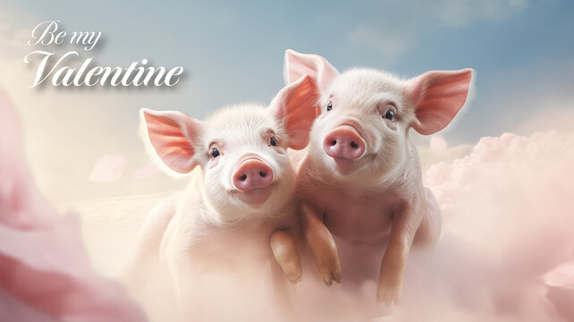  Funny Valentine's Day card, two cute little piglets looking at the camera, with a happy valentine's day text