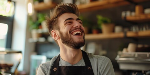 A man with a beard is captured laughing in a kitchen. This image can be used to depict happiness and joy in everyday life