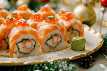 A plate of sushi rolls on a table. Suitable for food blogs and restaurant menus