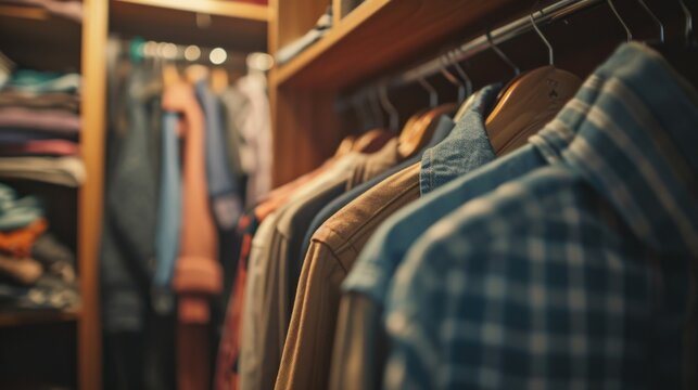 A row of shirts neatly hanging on a rack in a closet. Ideal for fashion, wardrobe, or organization-related concepts