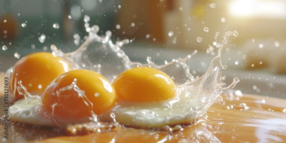 Poster three eggs splashing on a cutting board. can be used for cooking and recipe related content