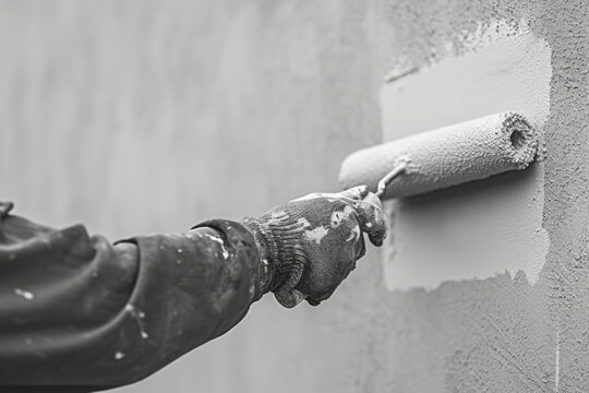 A person is using a paint roller to paint a wall. This image can be used for home improvement or interior design projects
