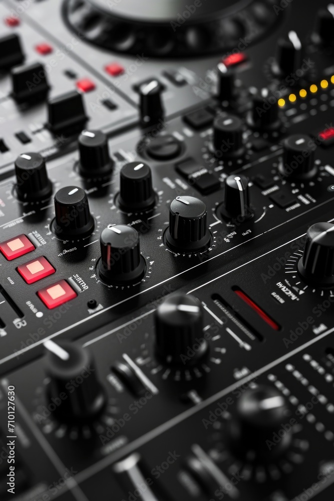 Aufkleber A close-up view of a mixer with various knobs and controls. This image can be used to depict audio mixing, sound engineering, or music production