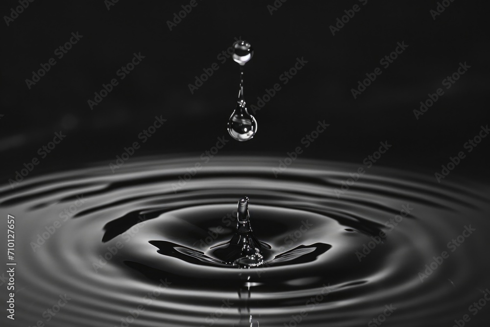 Poster A black and white photo capturing a single drop of water. This versatile image can be used in various creative projects