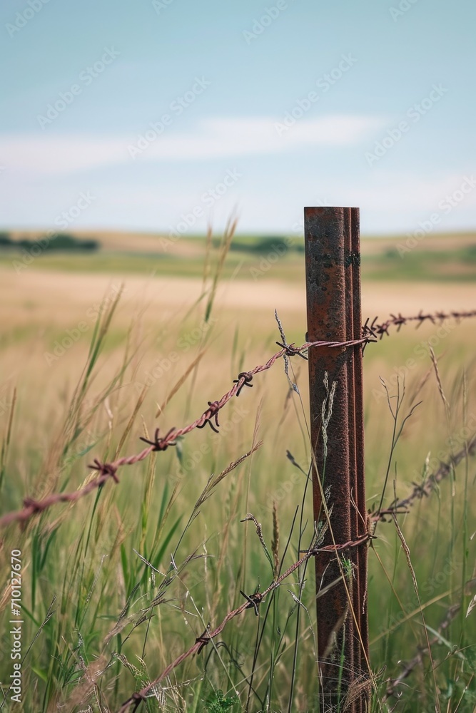 Poster a picture of a barbed wire fence in a grassy field. suitable for illustrating boundaries and securit