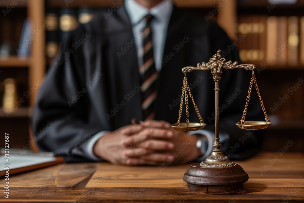 Aufkleber a man in a suit sitting at a desk with a scale of justice. suitable for legal and justice-related co
