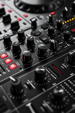 A close-up view of a mixer with various knobs and controls. This image can be used to depict audio mixing, sound engineering, or music production