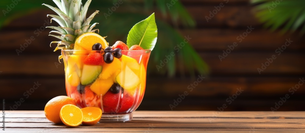 Wall mural tropical fruit diet in a glass cup on a wooden table.