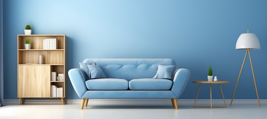 Scandinavian blue nova  modern living room with sofa, chair, and bookshelf against blue wall.
