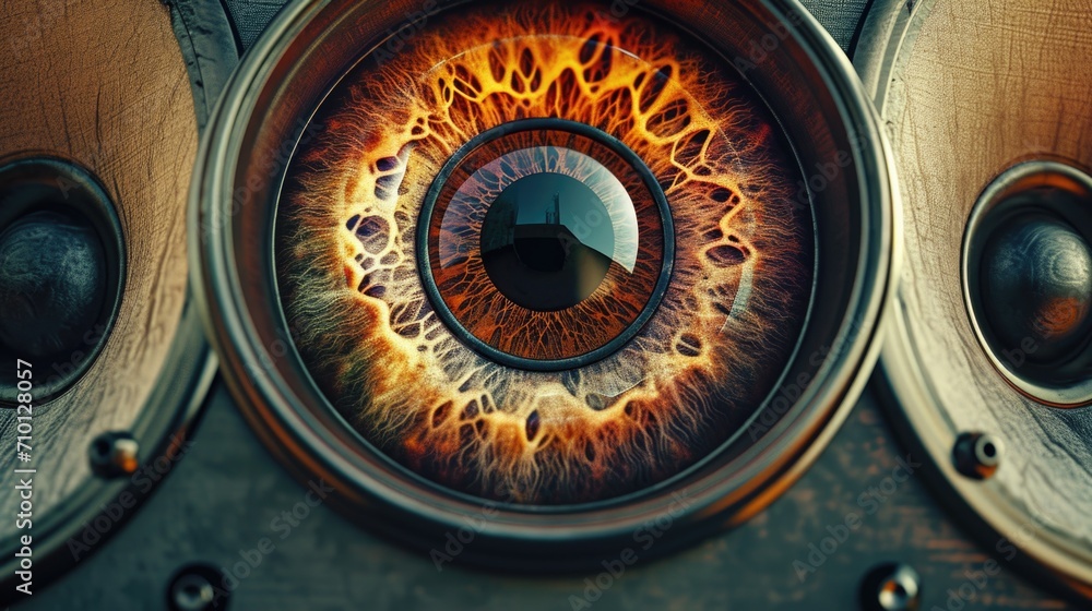Poster a close-up view of a speaker with an eye on it. this image can be used for various purposes