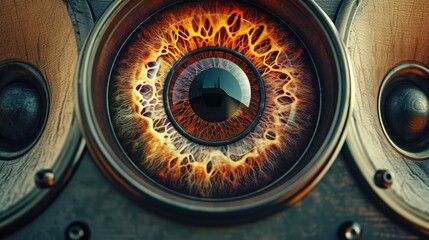 A close-up view of a speaker with an eye on it. This image can be used for various purposes