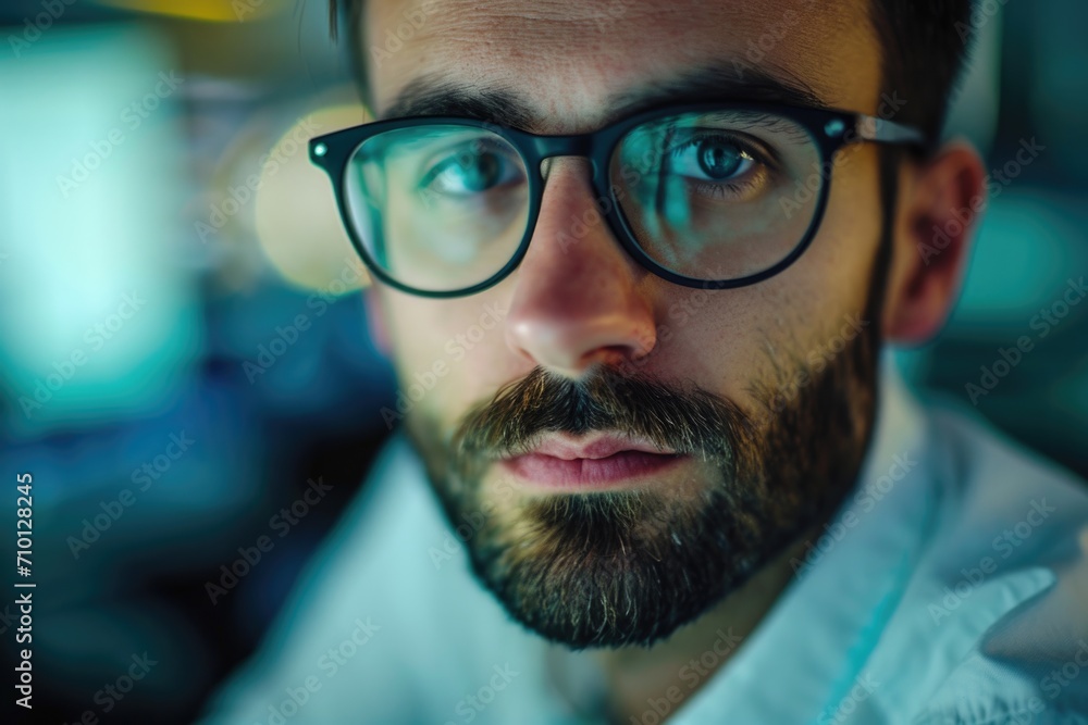 Poster a close-up photograph of a man with glasses and a beard. suitable for various uses