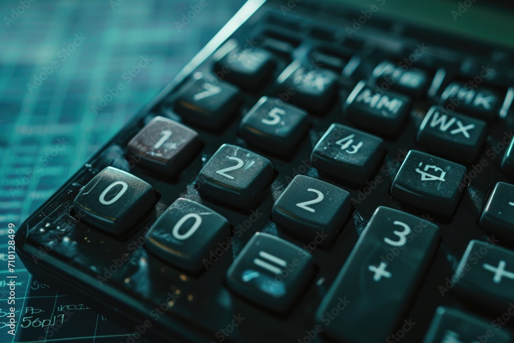 Poster a calculator sitting on top of a table. suitable for financial and educational concepts