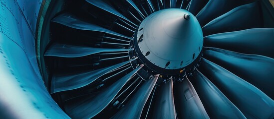 Airplane engine close-up with fan blades used in jet engine. Aircraft maintenance important in airline industry, many MRO companies. - obrazy, fototapety, plakaty