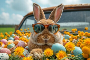 Fototapeta na wymiar Cute easter bunny wearing sunglasses.Cute Christmas Bunny with sunglasses looking out of a car full of Christmas presents