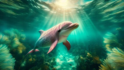 Naklejka premium Dolphin’s serene journey under sunlit waters