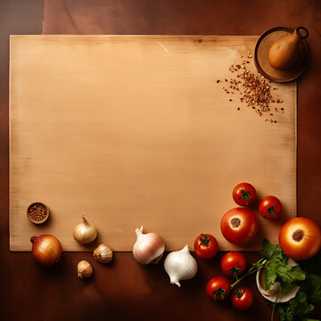a big sheet fream on wooden background, with vegetables and species