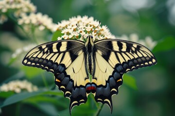 A beautiful large butterfly perched on top of a delicate white flower. Perfect for nature and garden-related projects